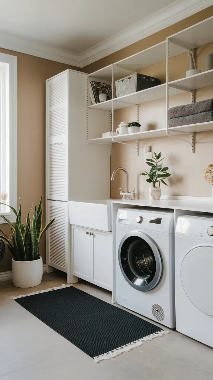 Beige walls and a window create a bright and functional space for modern laundry needs.