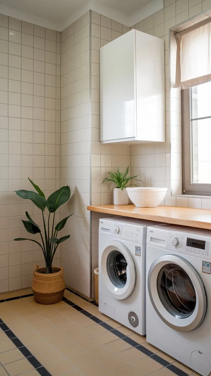 Beige and black tiles and a window with a curtain complete the modern laundry room's elegant design.