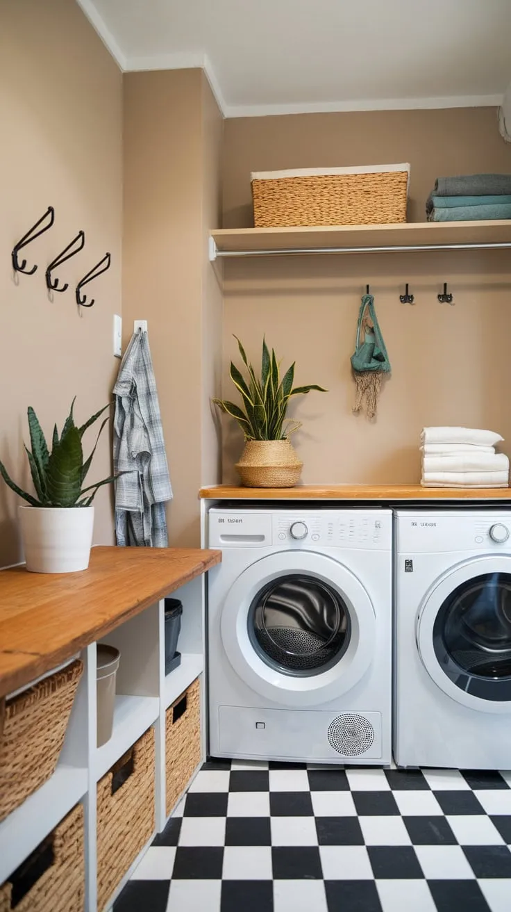 A stylish modern laundry room boasts a white washer and dryer, wooden countertops, and a chic black and white checkered floor.