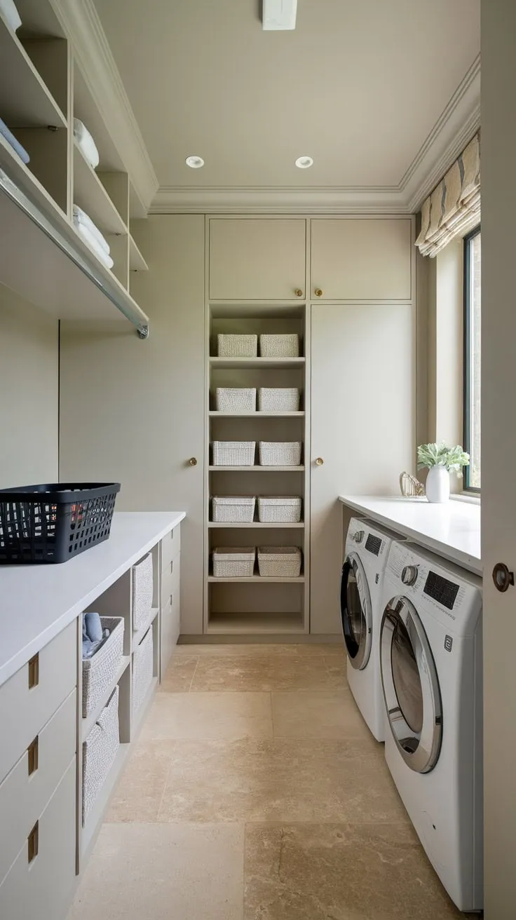 Sleek white cabinetry, modern appliances, and light grey walls create a stylish and functional laundry room haven