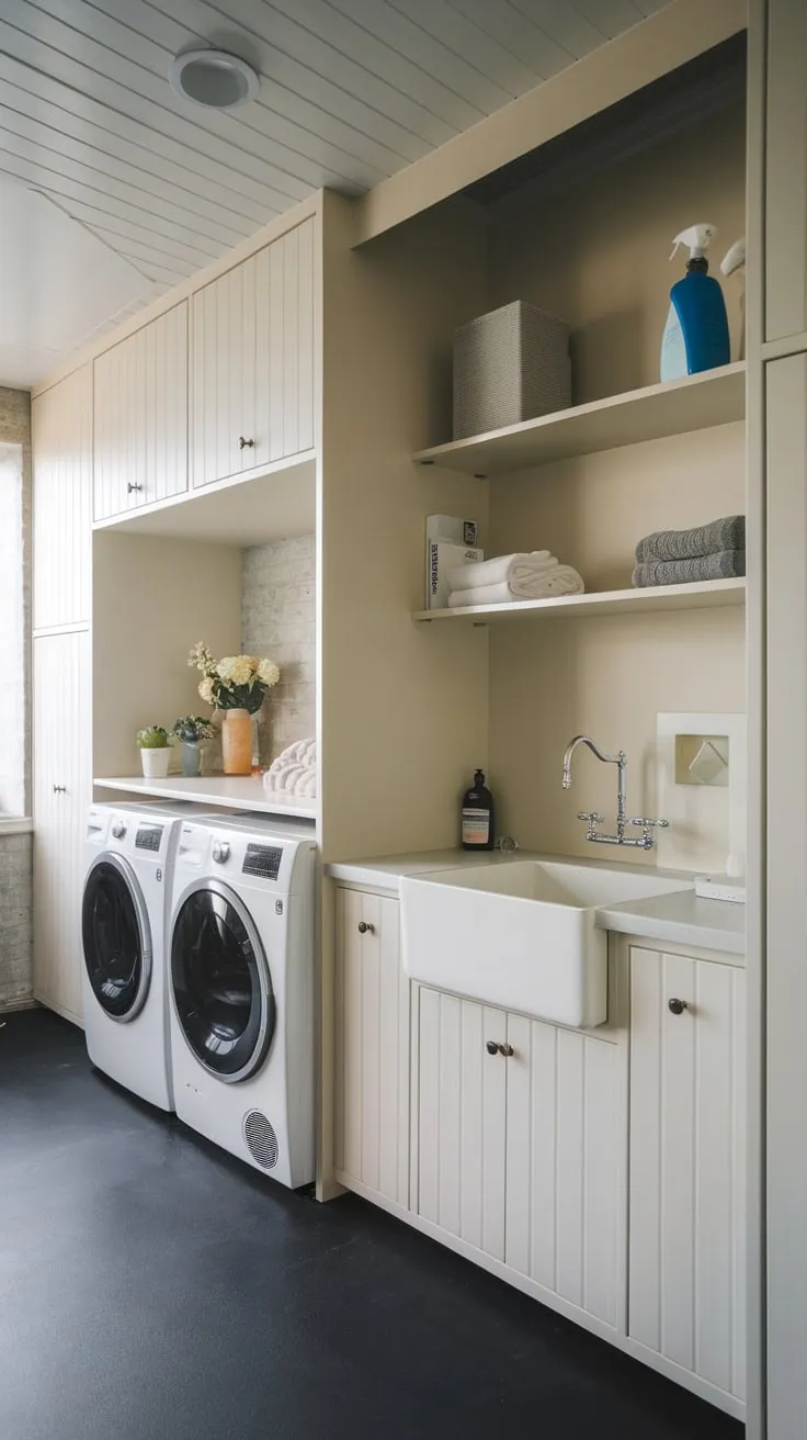 A bright windowed laundry room boasts efficient appliances and organized storage for a clean and contemporary feel.