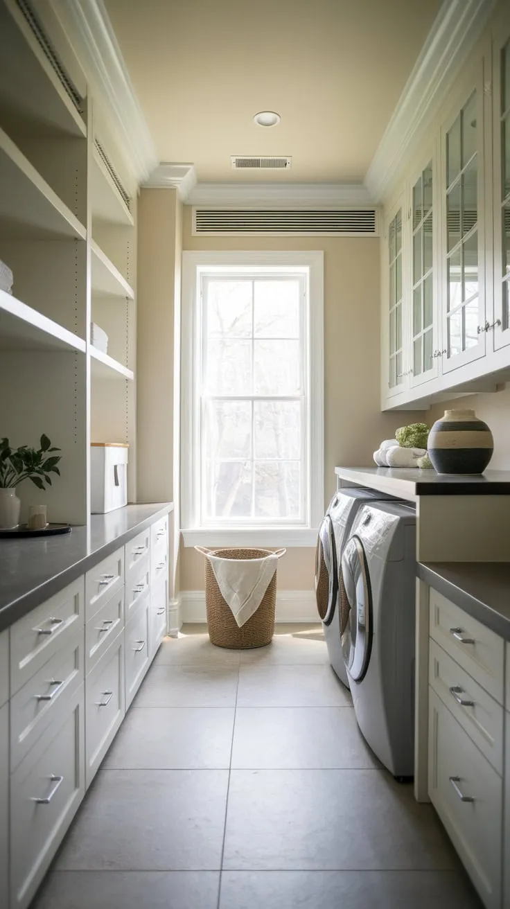 A bright, efficient laundry room boasts stylish storage, updated appliances, and natural light.