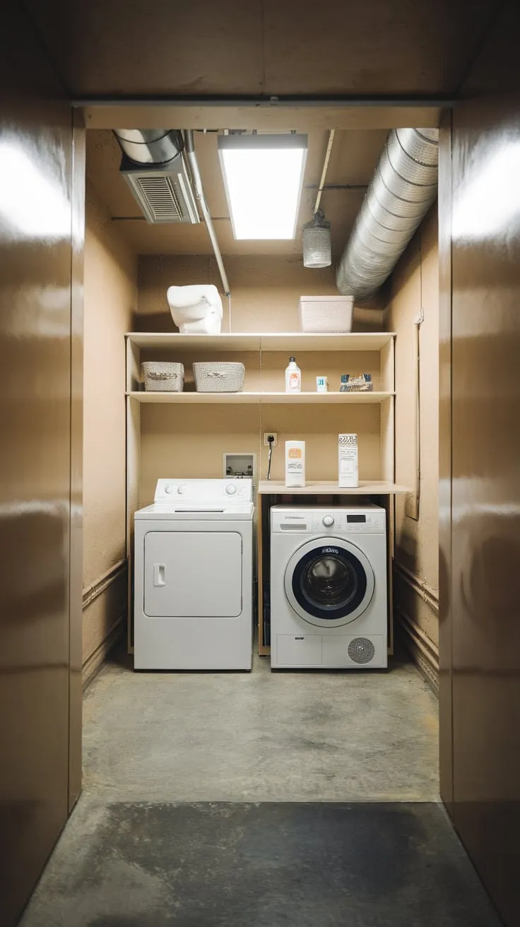 Bright lighting illuminates a stylish laundry room featuring concrete floors, beige walls, and efficient ventilation, transforming a chore space into a modern haven.