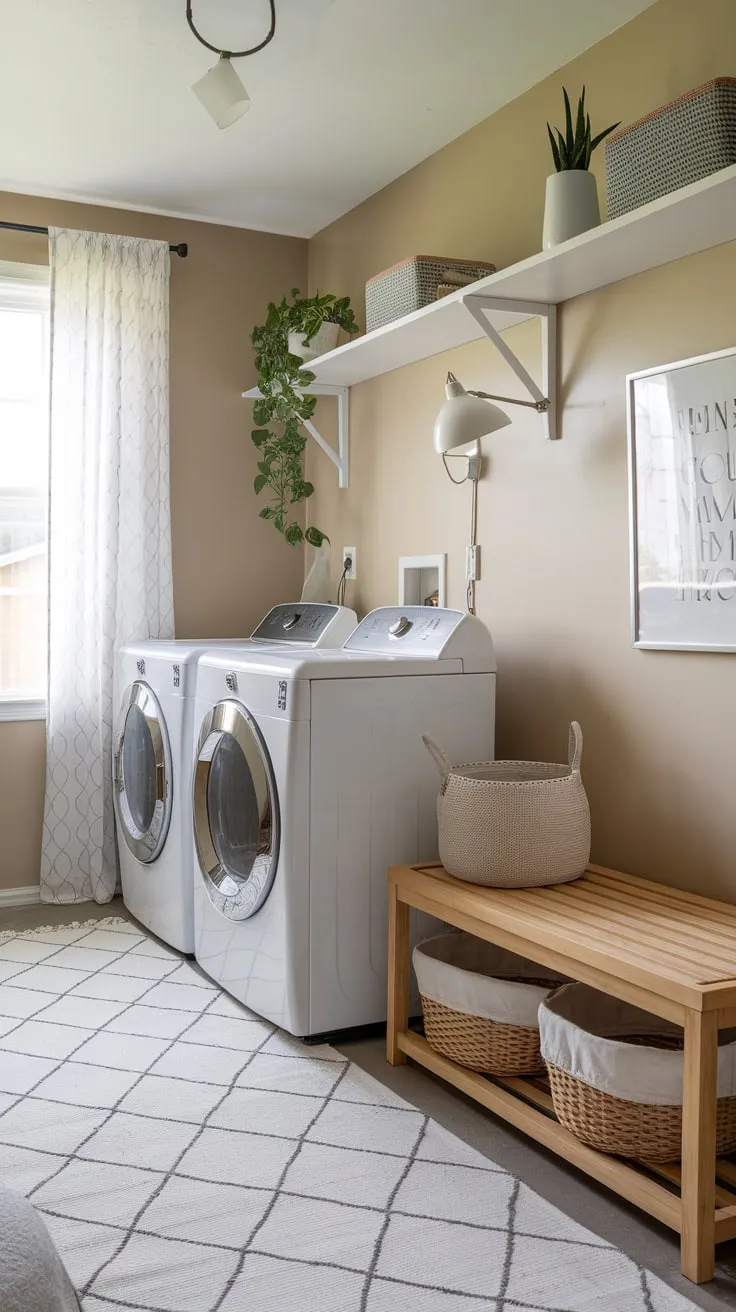 Beige walls and a patterned rug complement the modern white washer, dryer, and shelving in this inviting laundry room.