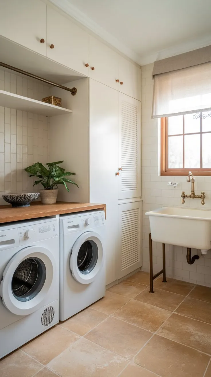 A stylish laundry room boasts white appliances, bronze accents, and warm wood, transforming a chore space into a functional and inviting haven