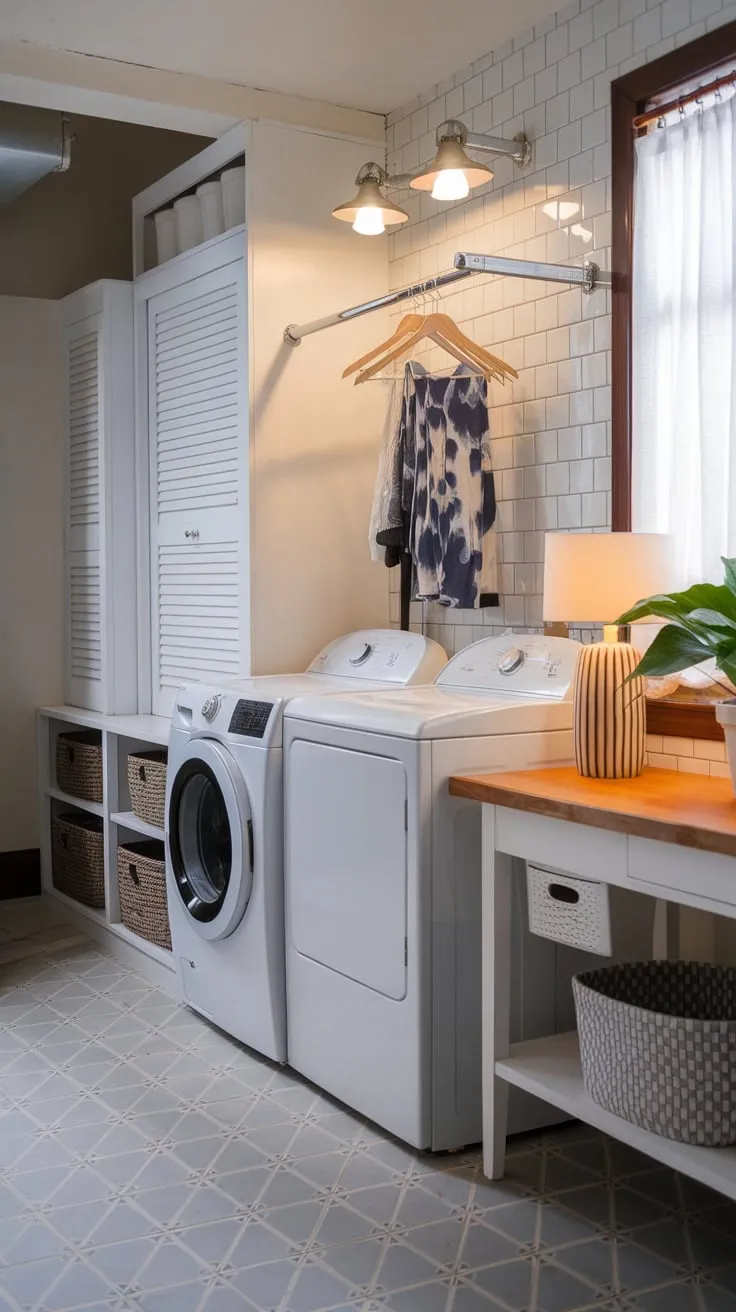 A stylish modern laundry room boasts clean white appliances, a wood-topped workspace, and clever storage solutions, transforming a chore space into a functional and inviting area.