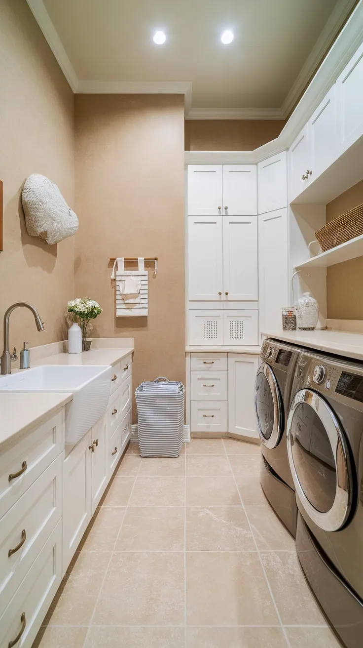 Beige tile and textured walls create a calming, modern laundry haven.