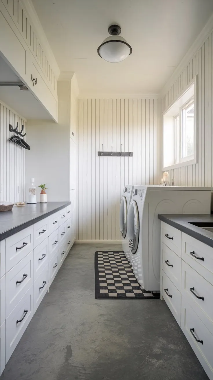 Sleek white cabinetry and grey concrete flooring create a stylish modern laundry room haven.