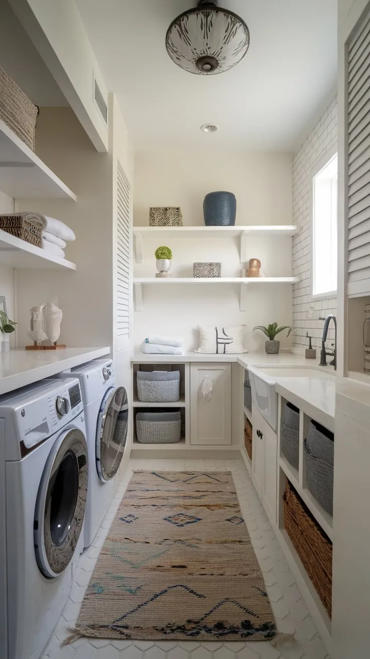 A stylish white laundry room boasts wood accents, ample storage, and a cozy rug, transforming a chore space into a functional and beautiful haven