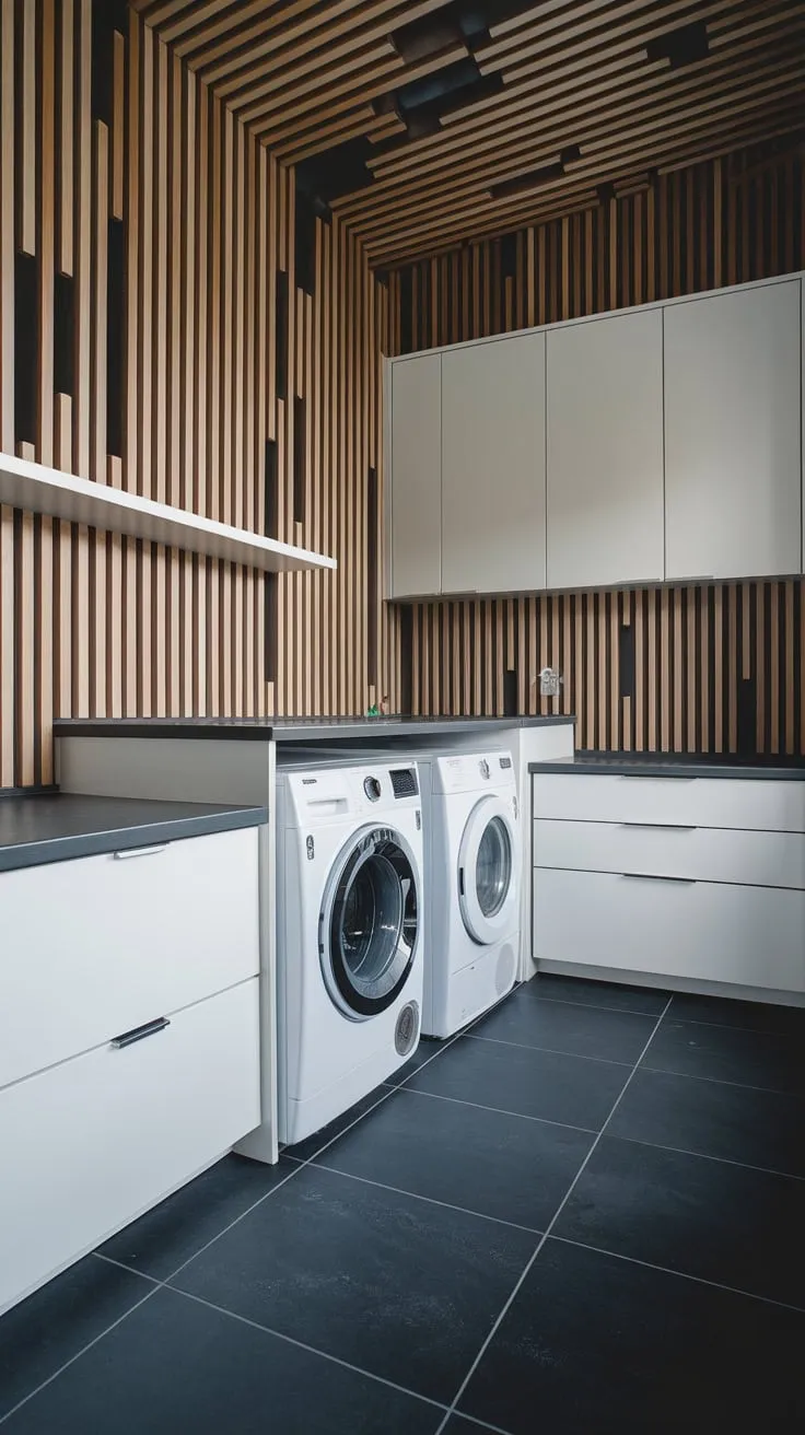 Sleek white cabinets and a wood-paneled wall accent a modern laundry room with dark grey floors and natural light.