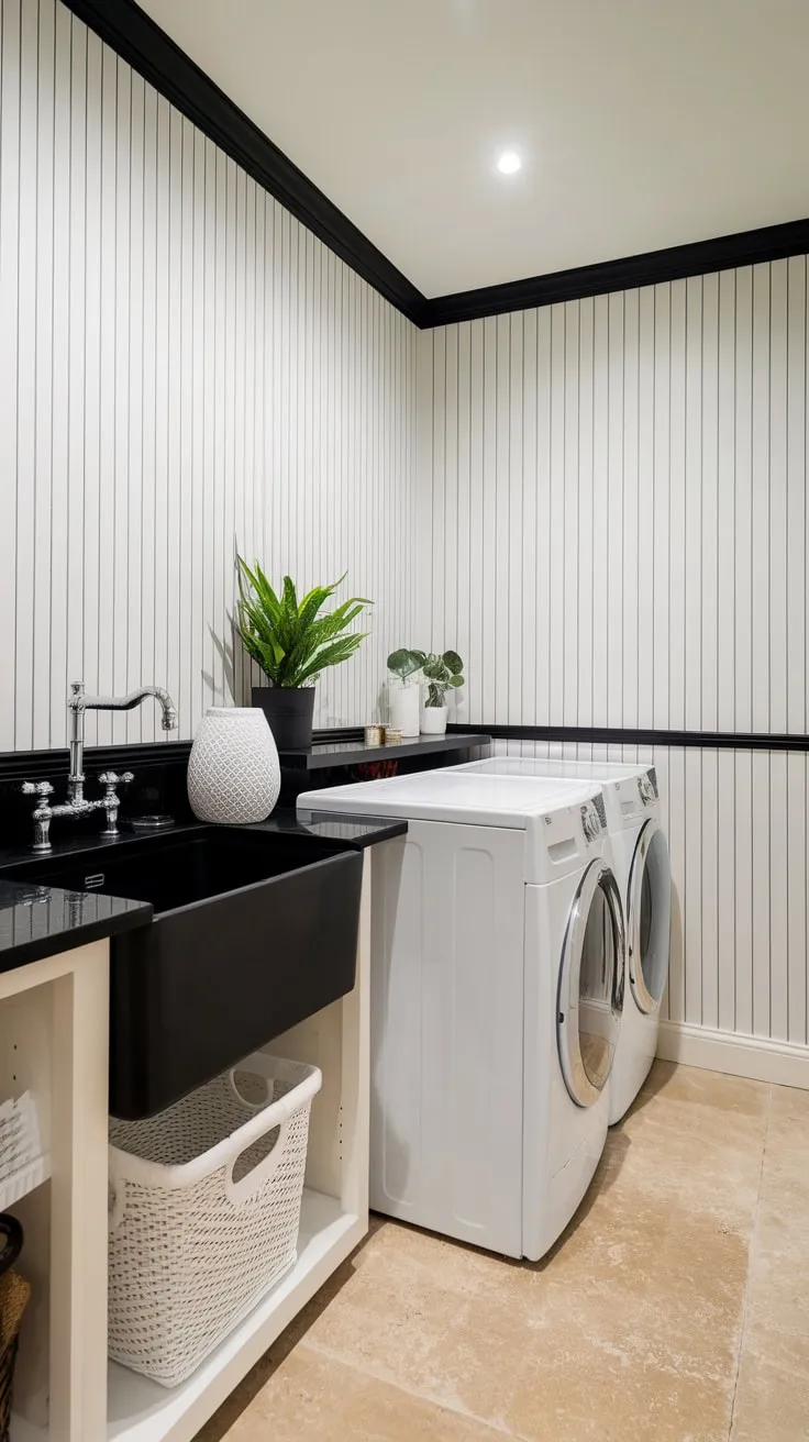 A modern laundry room boasts a chic black and white design, blending practicality with sophisticated style.
