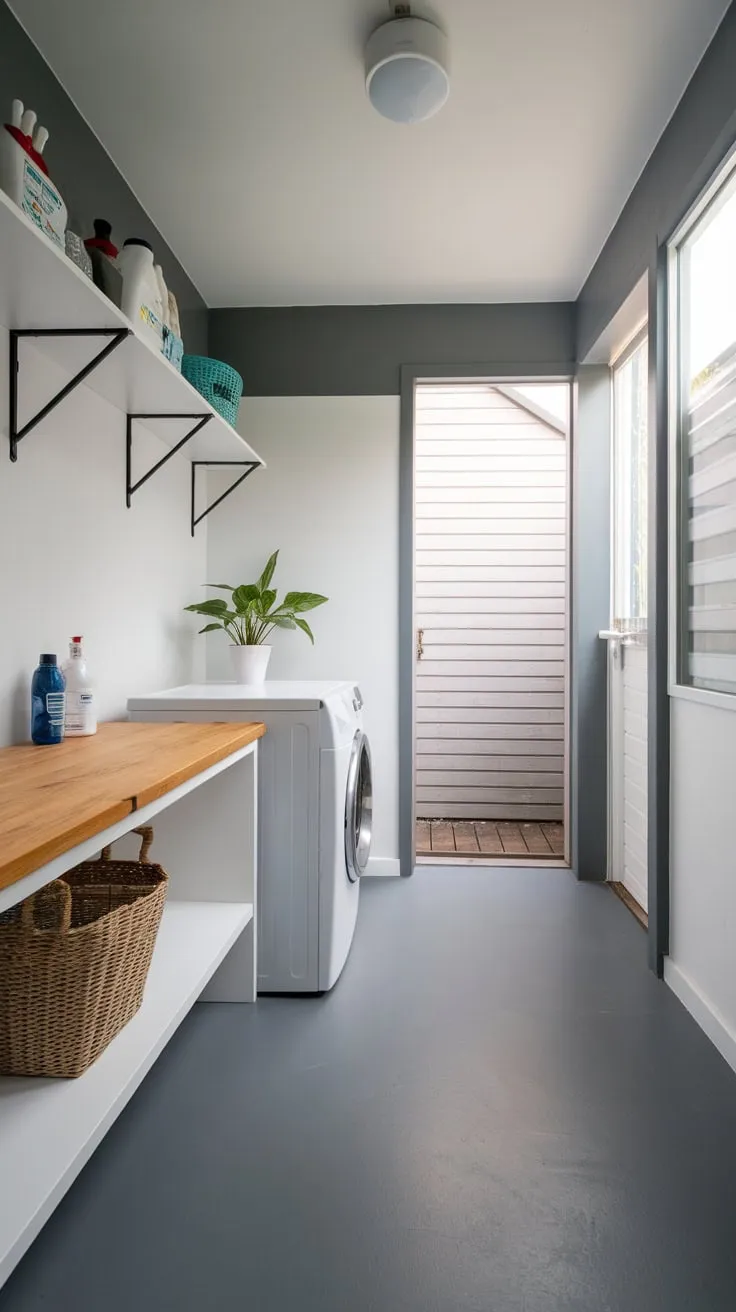 Sleek white appliances and a wood-topped counter transform this laundry room into a stylish and functional space