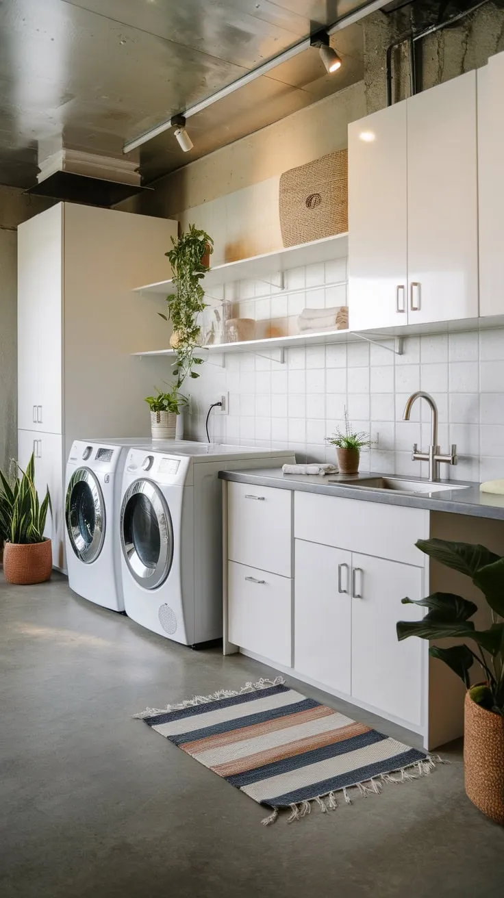A concrete-floored laundry room boasts sleek white cabinetry, potted plants, and bright lighting, elevating laundry day to a modern experience.