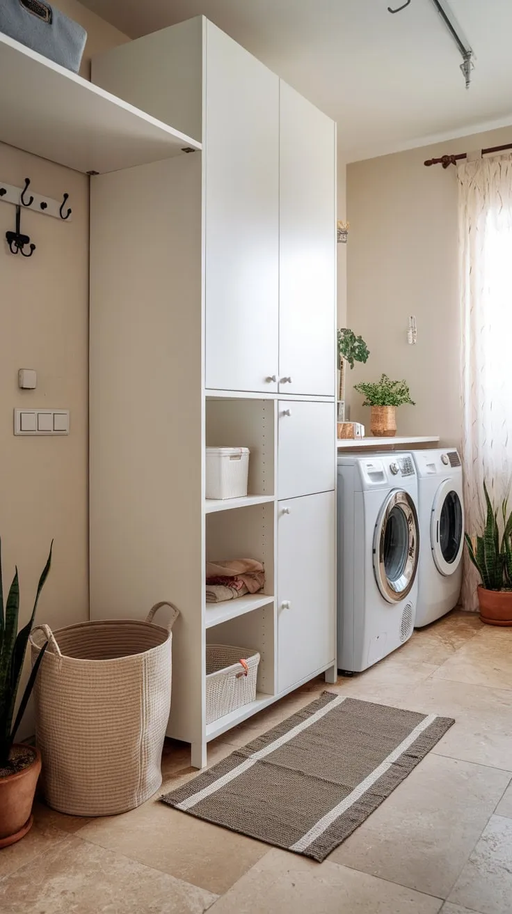 A bright, stylish laundry room boasts modern appliances, tasteful decor, and a touch of greenery.