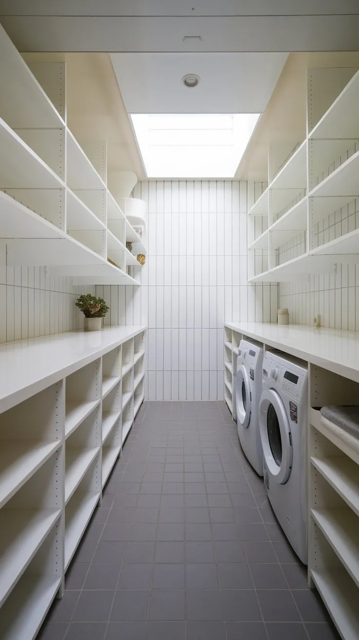 Clean lines and a touch of greenery define this modern laundry room's stylish yet practical design.