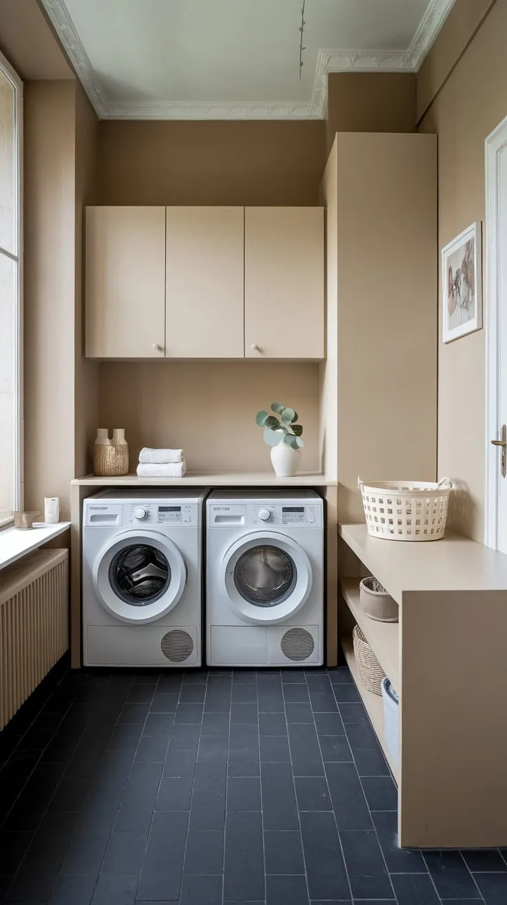 A bright windowed laundry room boasts a sophisticated design with dark grey floors and calming beige accents.