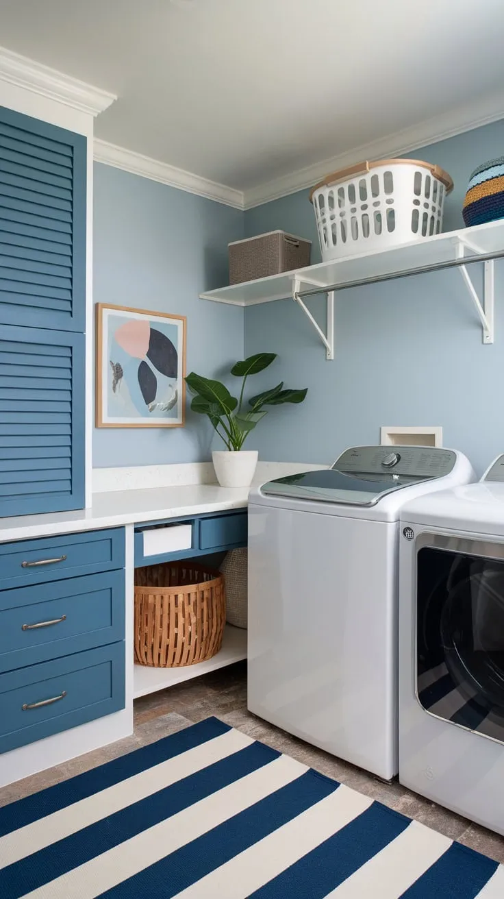 Light blue walls and a blue-accented white cabinetry transform laundry day into a pleasant experience.