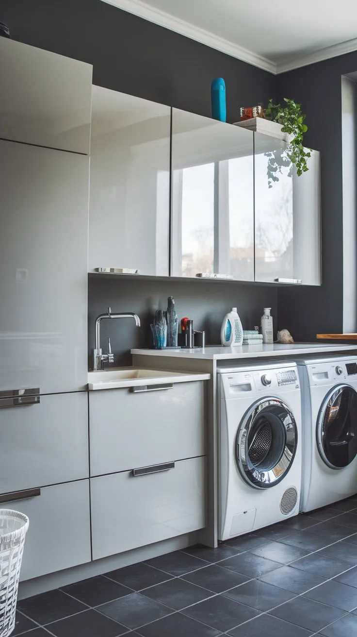 Natural light brightens a modern laundry room featuring glossy white cabinets, dark grey accents, and essential appliances.