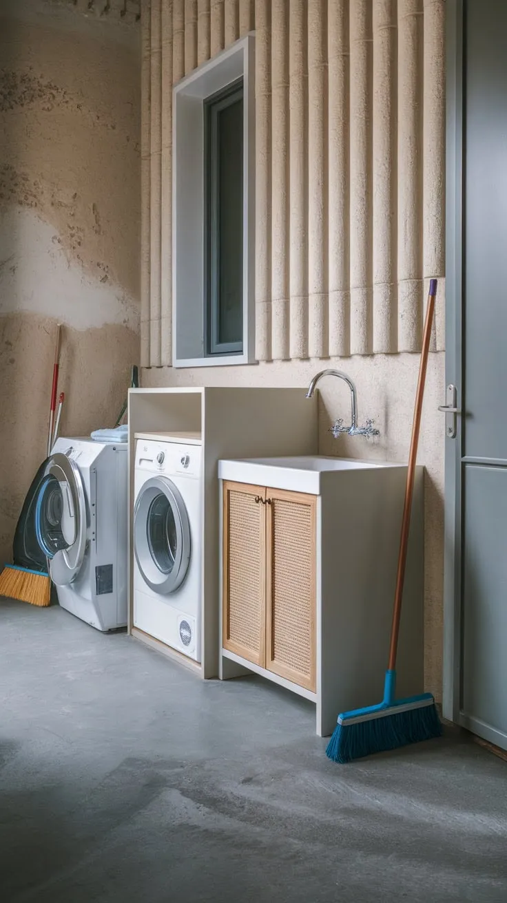 Sleek white cabinetry, textured walls, and a concrete floor transform this laundry room into a stylish and functional space