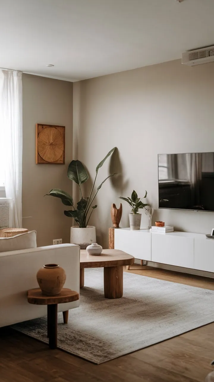 Bathed in natural light, this minimalist living room exudes serenity with its sleek white sofa, warm wooden coffee table, and thoughtfully curated decor.