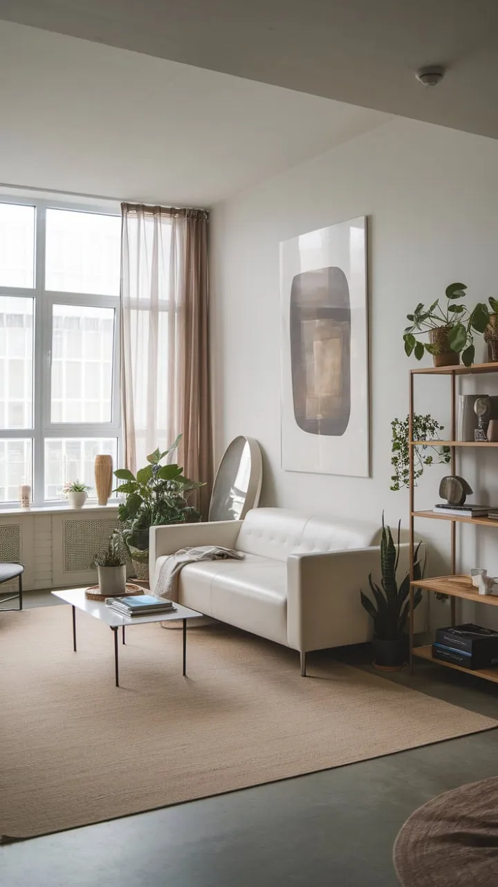 Bathed in sunlight, this minimalist living room harmoniously blends serene design with vibrant abstract art and lush greenery, creating an inspiring oasis of comfort.
