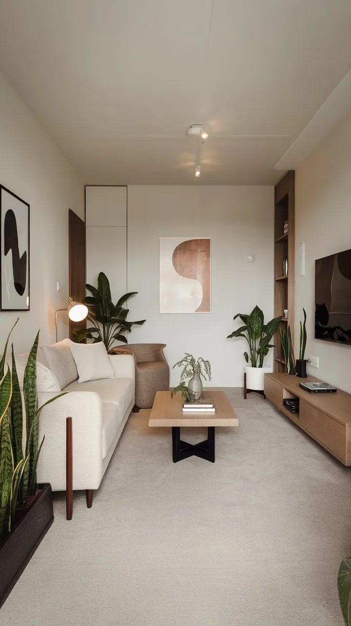 This apartment harmoniously blends muted tones and clean lines to create a tranquil sanctuary that celebrates the beauty of simplicity and thoughtful design.