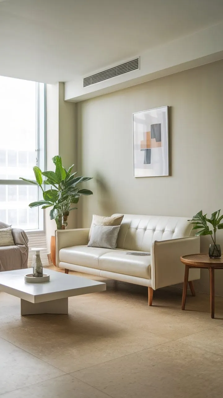 This apartment exudes an airy elegance, blending a neutral palette with natural light and warm wooden accents for a sophisticated minimalist vibe.