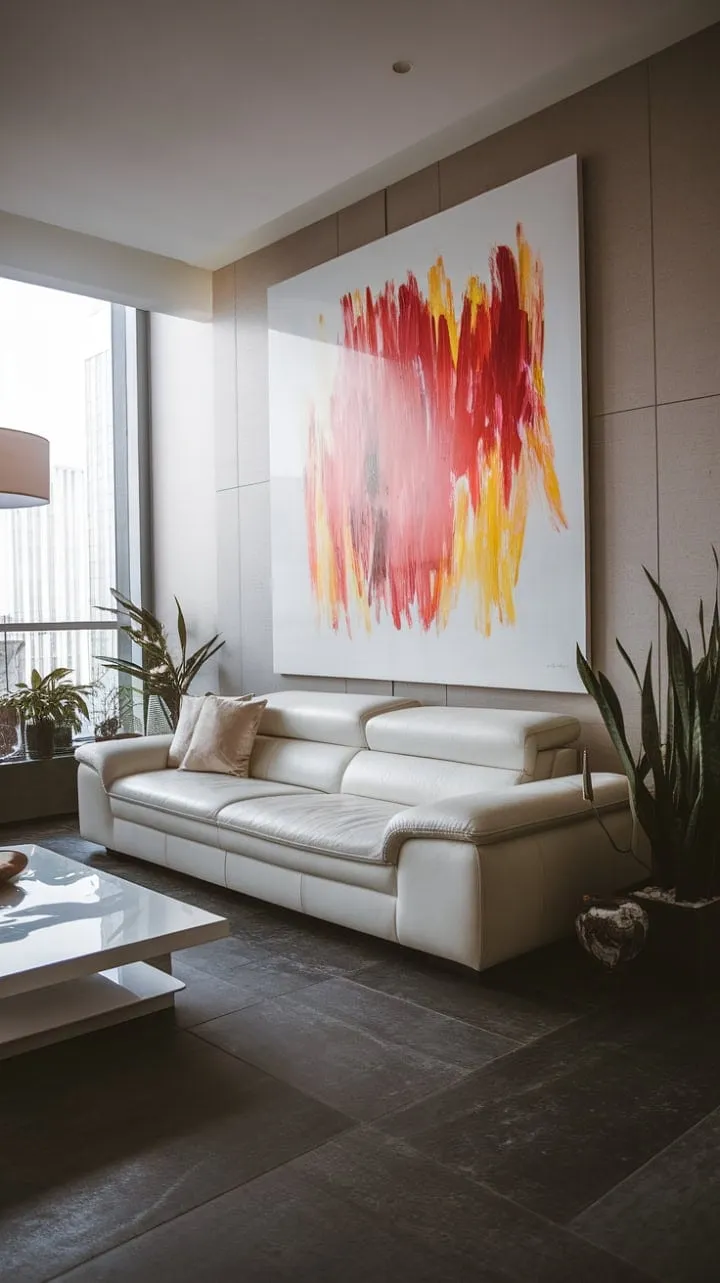 This modern apartment living room artfully combines clean lines, bold colors, and natural elements, creating an inspiring oasis of serenity and energy.