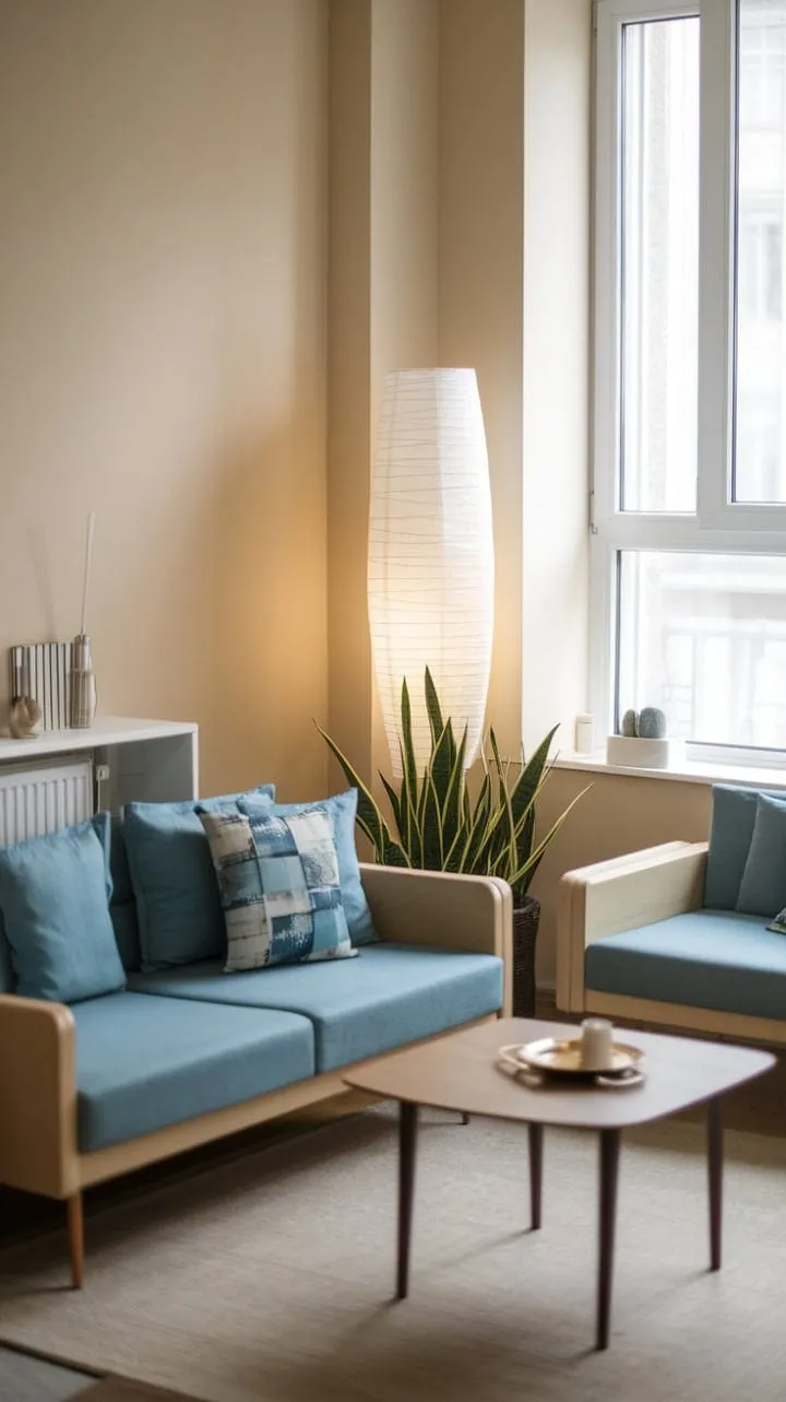 This apartment's living room embodies peaceful sophistication through its minimalist design, where neutral tones and clean lines are enlivened by thoughtfully selected pops of color.