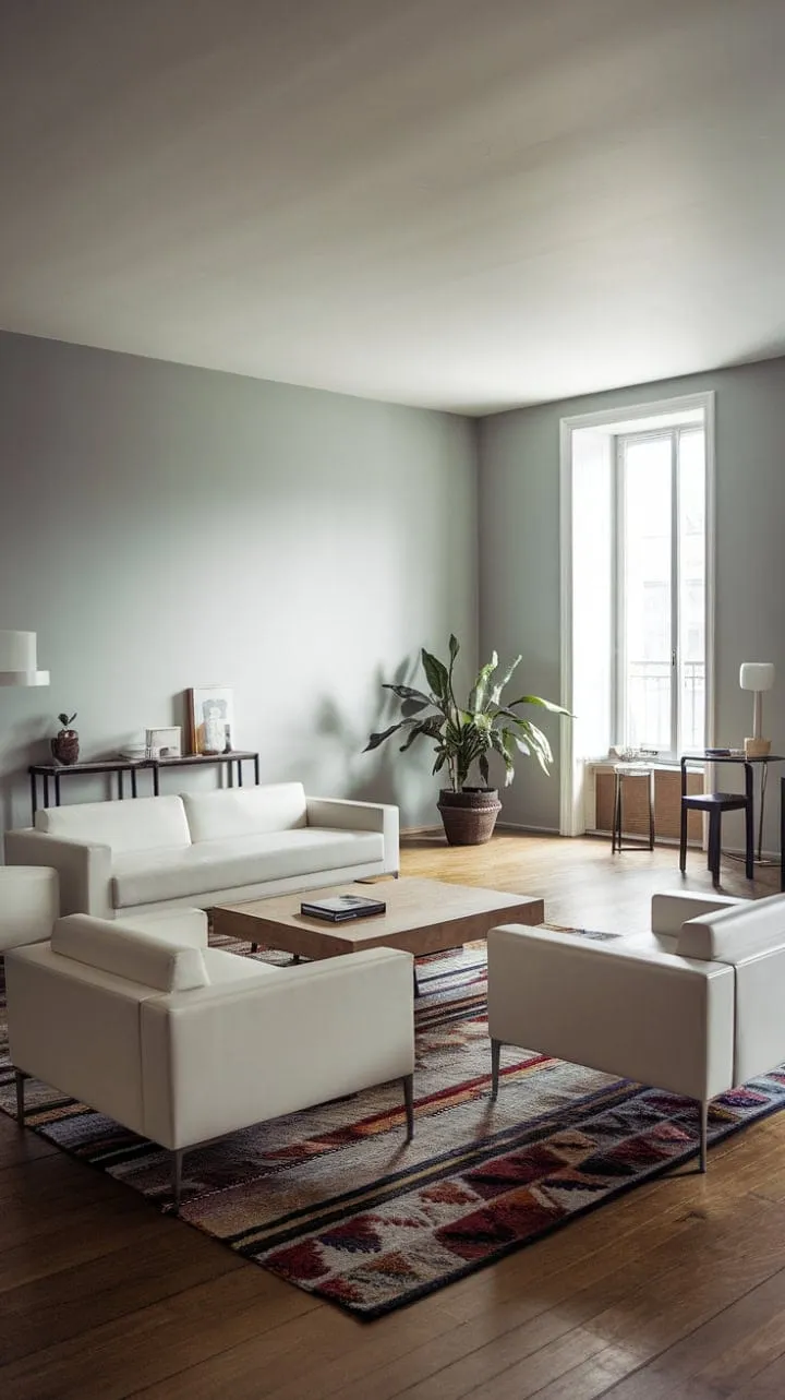 Bathed in sunlight, this minimalist apartment harmoniously balances comfort and contemporary style with its inviting white furniture, vibrant rug, and serene gray walls.
