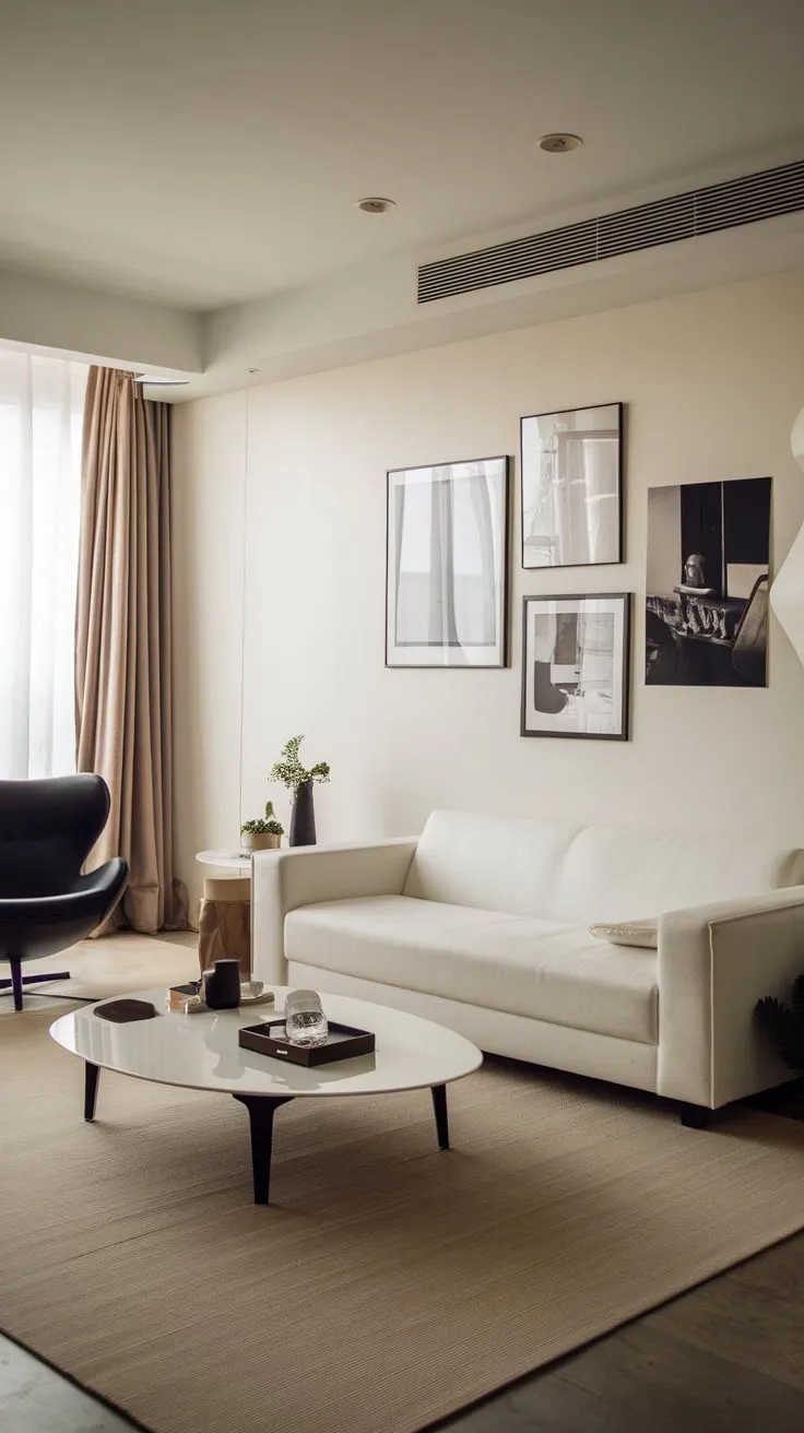 Modern simplicity defines this apartment's living room, showcasing a white sofa, black chair, and subtle black and white artwork.