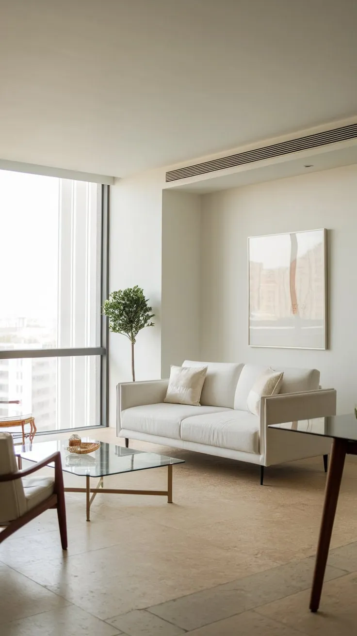 A minimalist white living room boasts city views through a large window, complemented by a simple sofa, glass coffee table, and wooden chair.