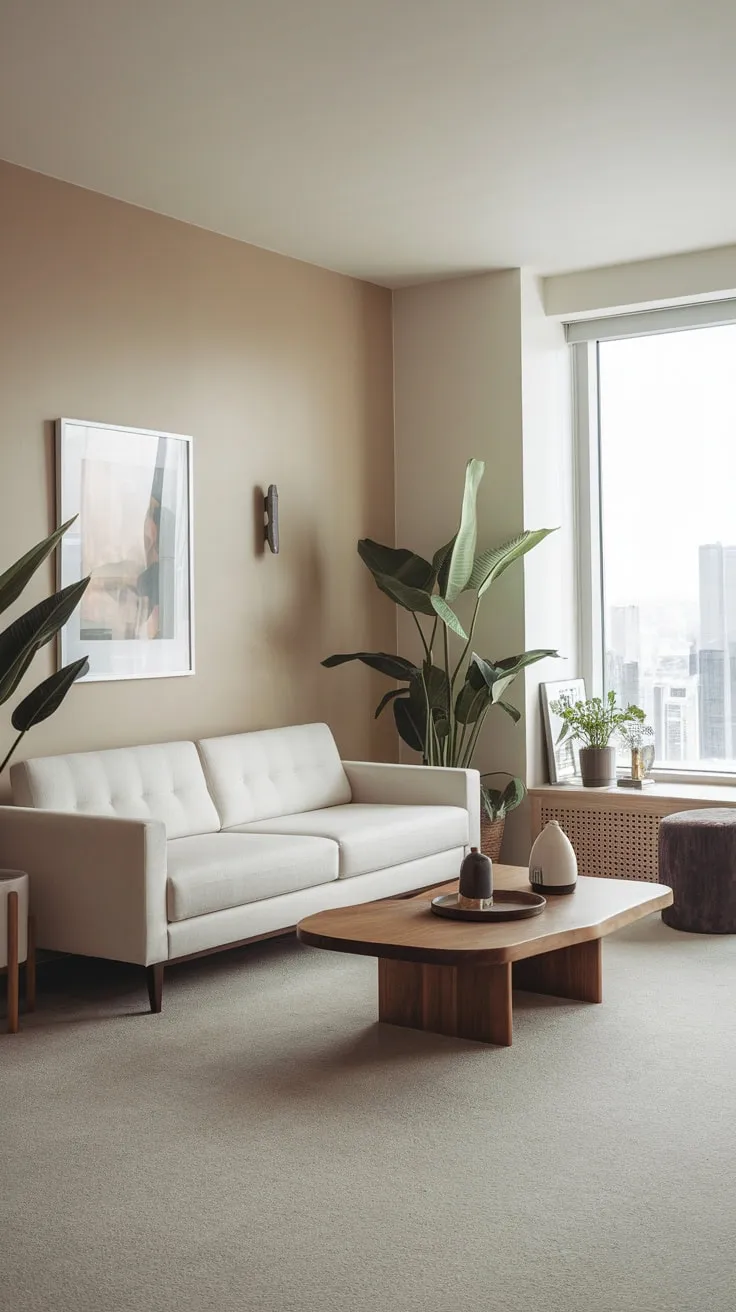 A minimalist white sofa anchors a modern apartment living room, its calm beige walls and city view complemented by natural wood and greenery.
