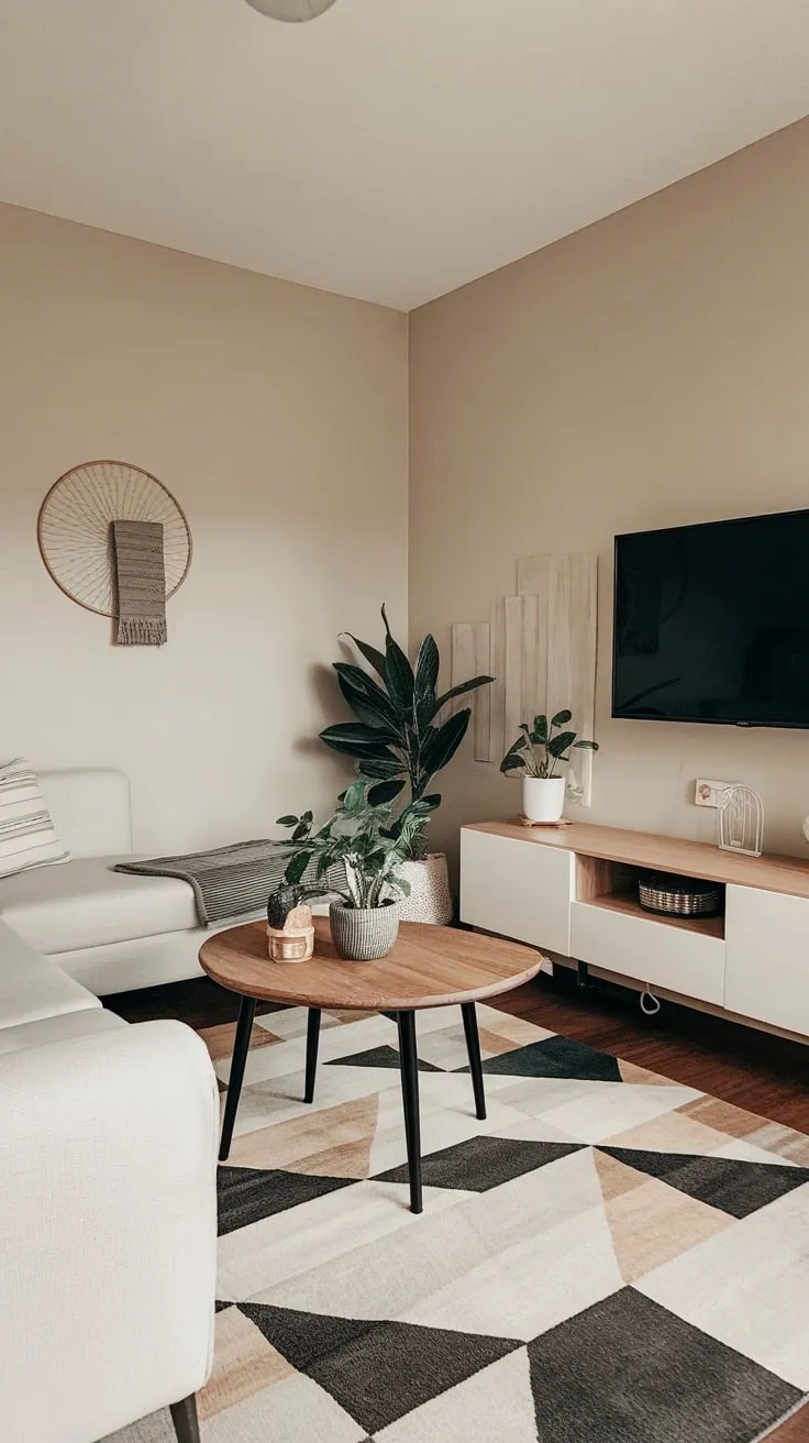 Clean lines and natural elements define this modern apartment living room, showcasing a minimalist aesthetic with a touch of warmth.