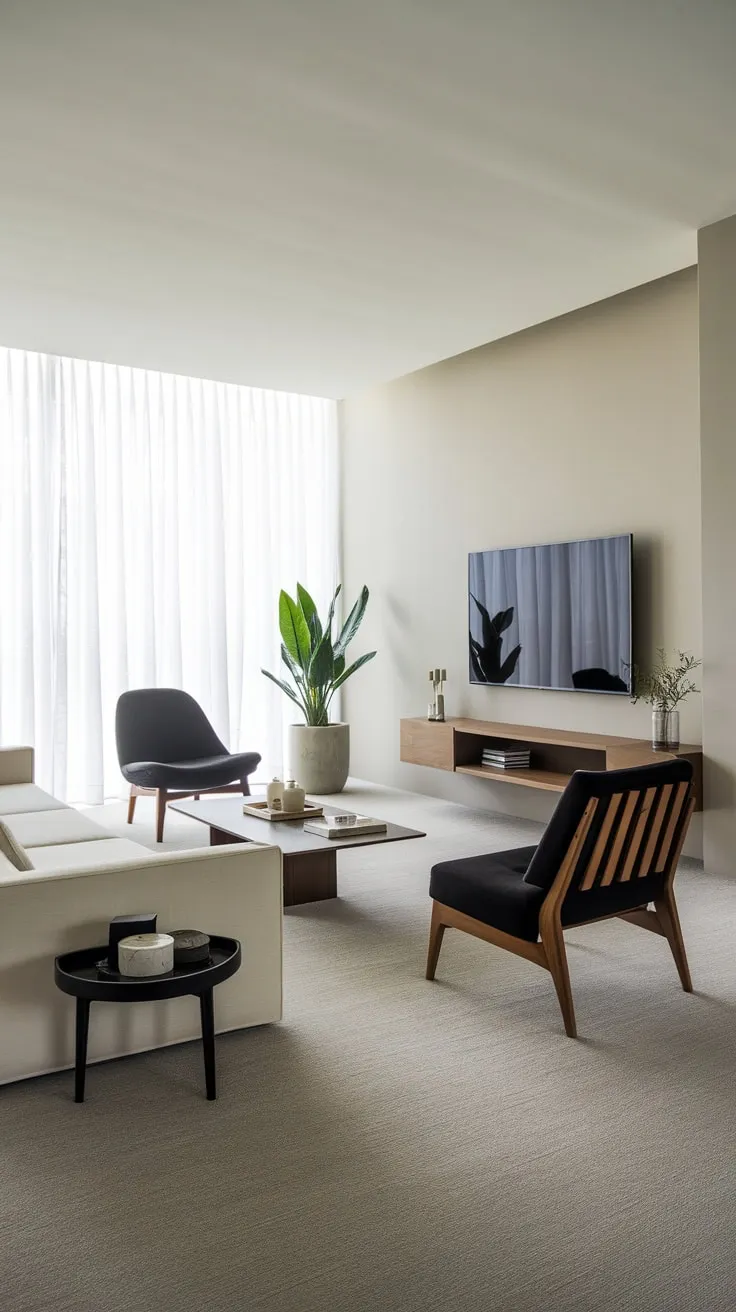 Clean lines and neutral tones define this modern living room, showcasing a calming and sophisticated space.