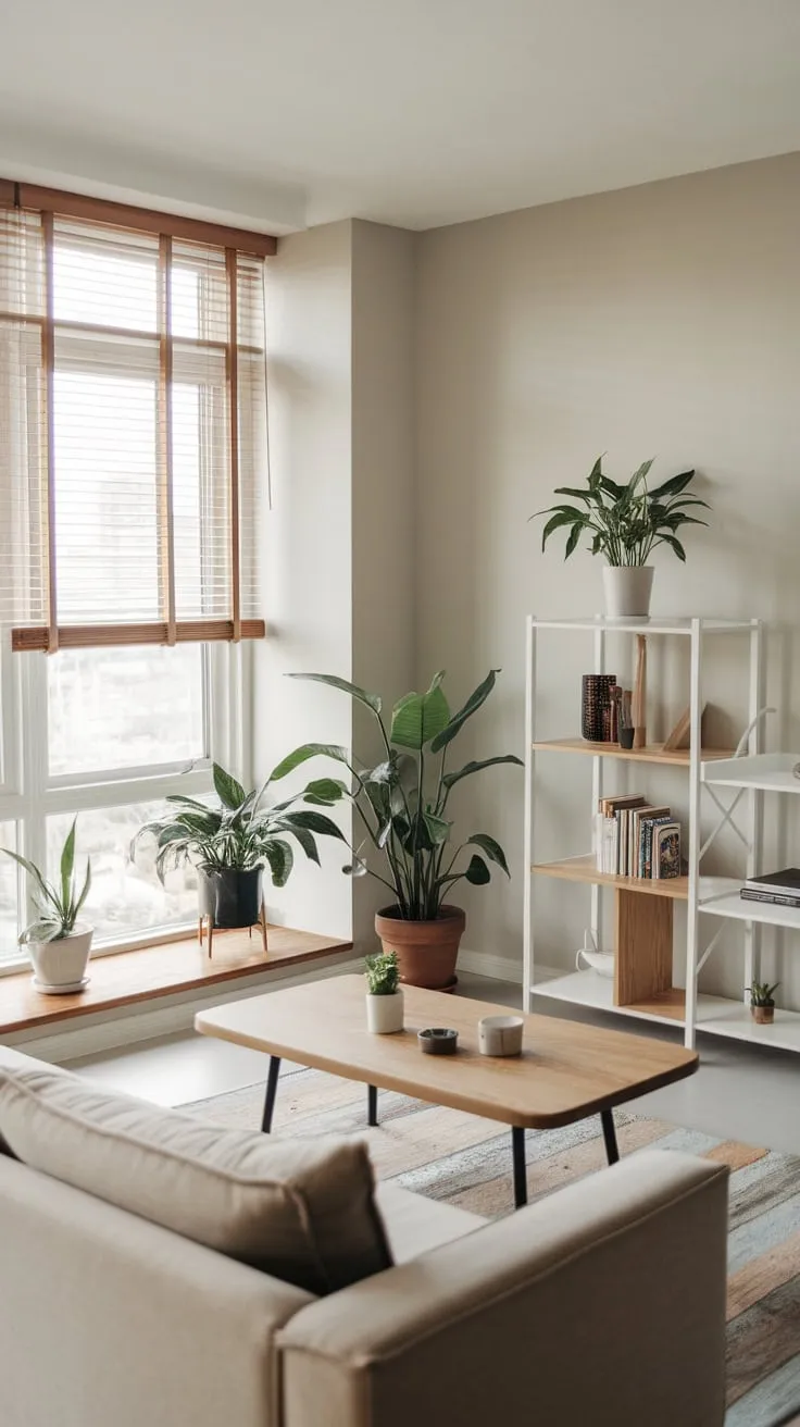 A serene modern living room showcases simple elegance with a beige sofa, potted plants, and natural light streaming through wooden blinds.