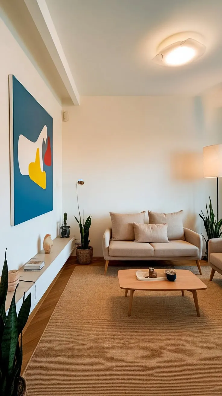 Neutral tones and a simple design create a calm modern living space punctuated by a bold artwork.
