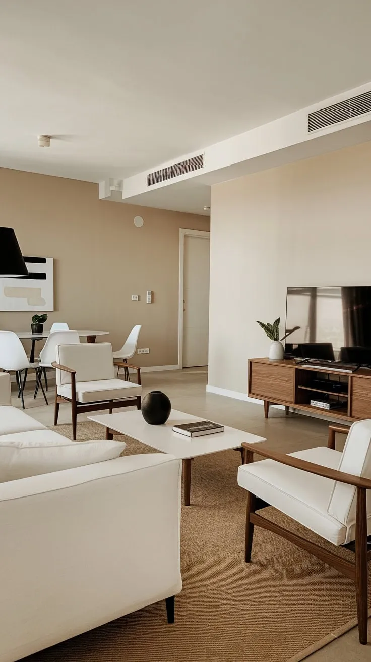 Subtle contrasts define this modern living room's serene and stylish atmosphere.