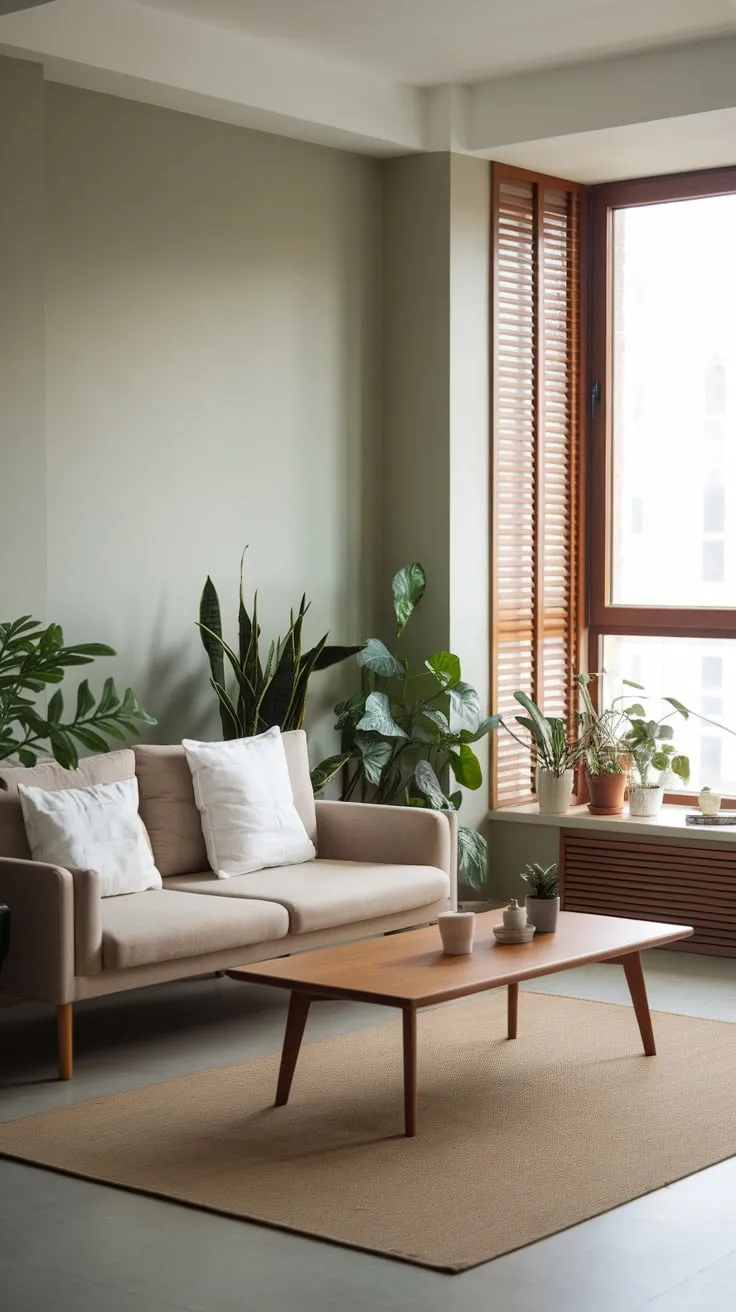 A modern apartment living room showcases understated elegance with a beige sofa, wooden accents, and potted plants against a calming gray backdrop.