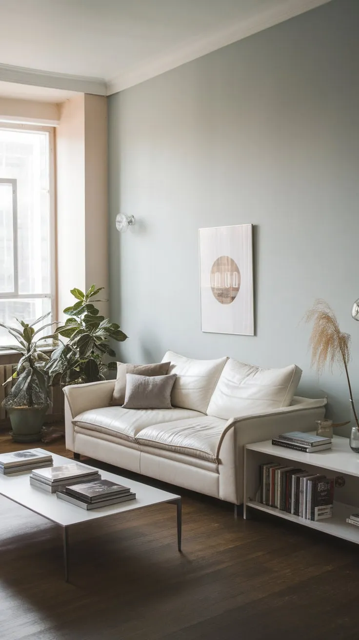 A serene modern apartment living room features a white sofa, pale blue walls, and dark wood floors, creating a minimalist haven.