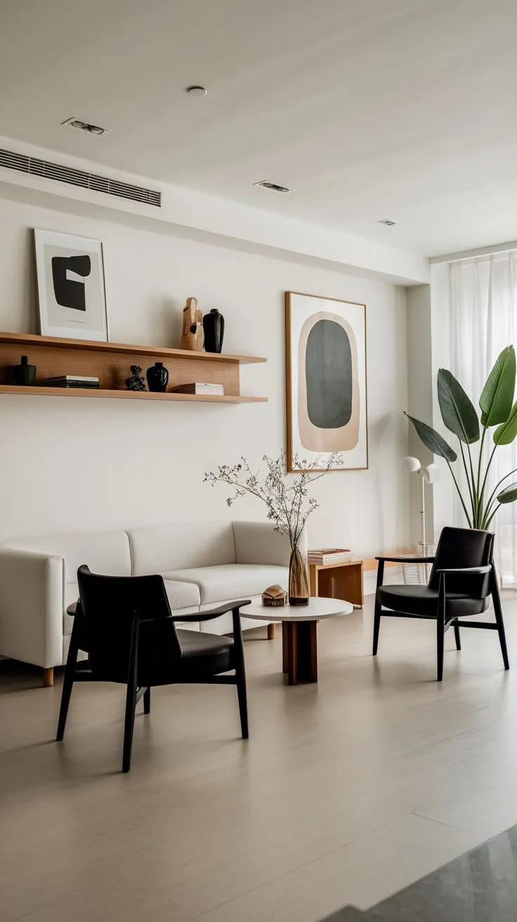 Modern design meets tranquil simplicity in this airy white living room, accented by black furniture and a vibrant green plant.