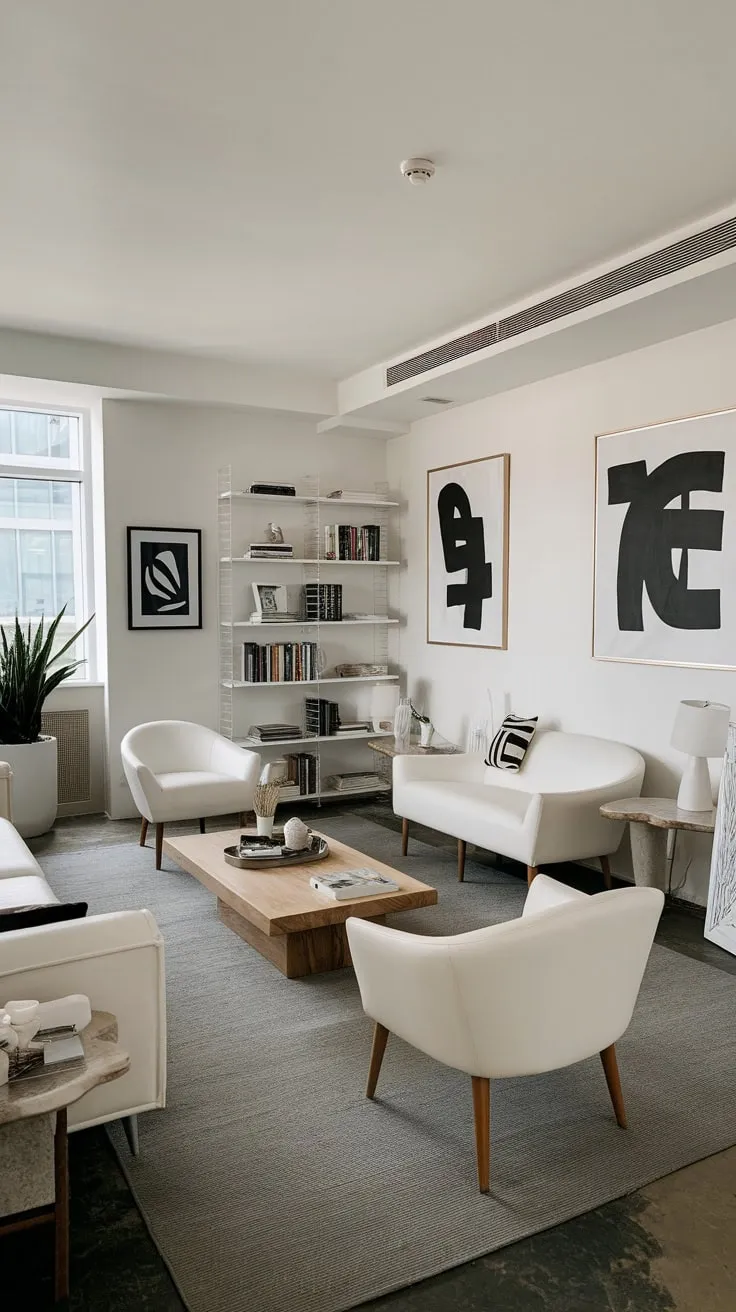 A gray rug anchors a bright, airy living space featuring a white sofa, wooden accents, and stylish black and white artwork.