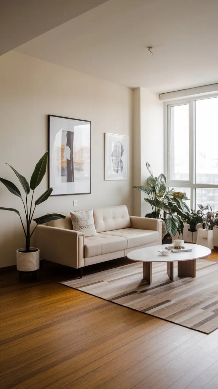 Bathed in natural light, this minimalist living room harmoniously blends clean lines and subtle textures, creating a tranquil sanctuary enriched by thoughtfully chosen plants and art.