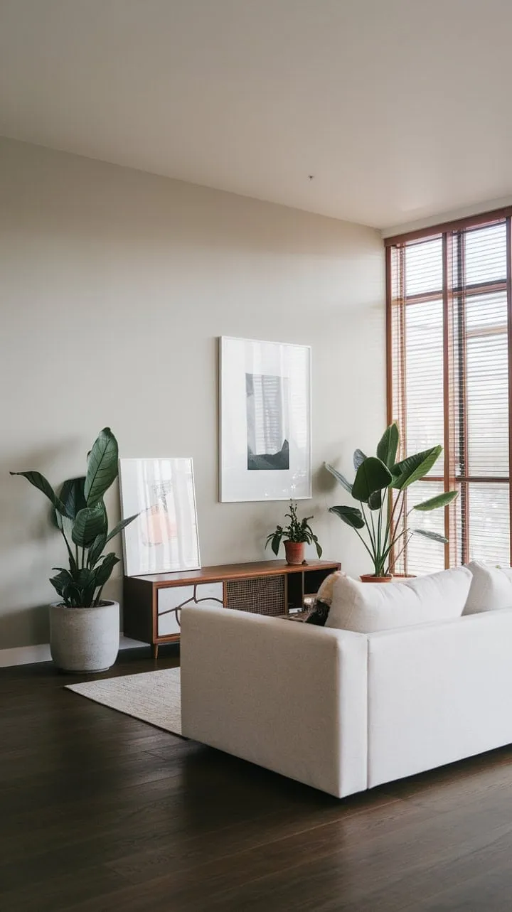 Sunlight dances through wooden blinds, casting a serene glow on the minimalist apartment's sophisticated blend of soft greys, dark woods, and tranquil greenery.