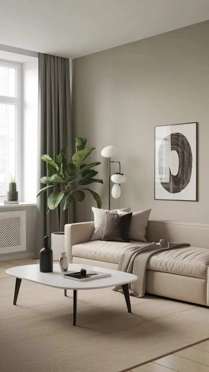 This minimalist living room exudes serene elegance with its neutral tones, stylish details, and a refreshing touch of greenery.