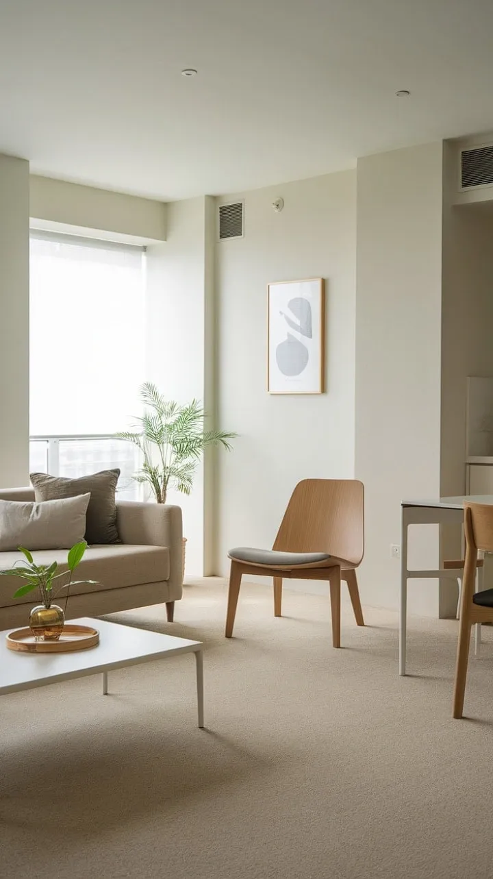 This modern living room exudes serene sophistication with its neutral palette, plush beige sofa, and a warm wooden chair that beautifully contrasts the clean lines.