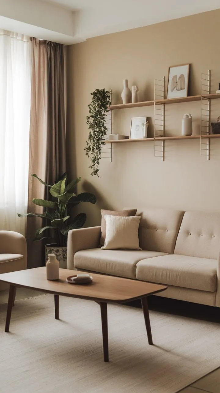 This modern living room harmoniously combines soothing neutral tones and clean lines with warm wooden accents for a stylish yet comfortable atmosphere.