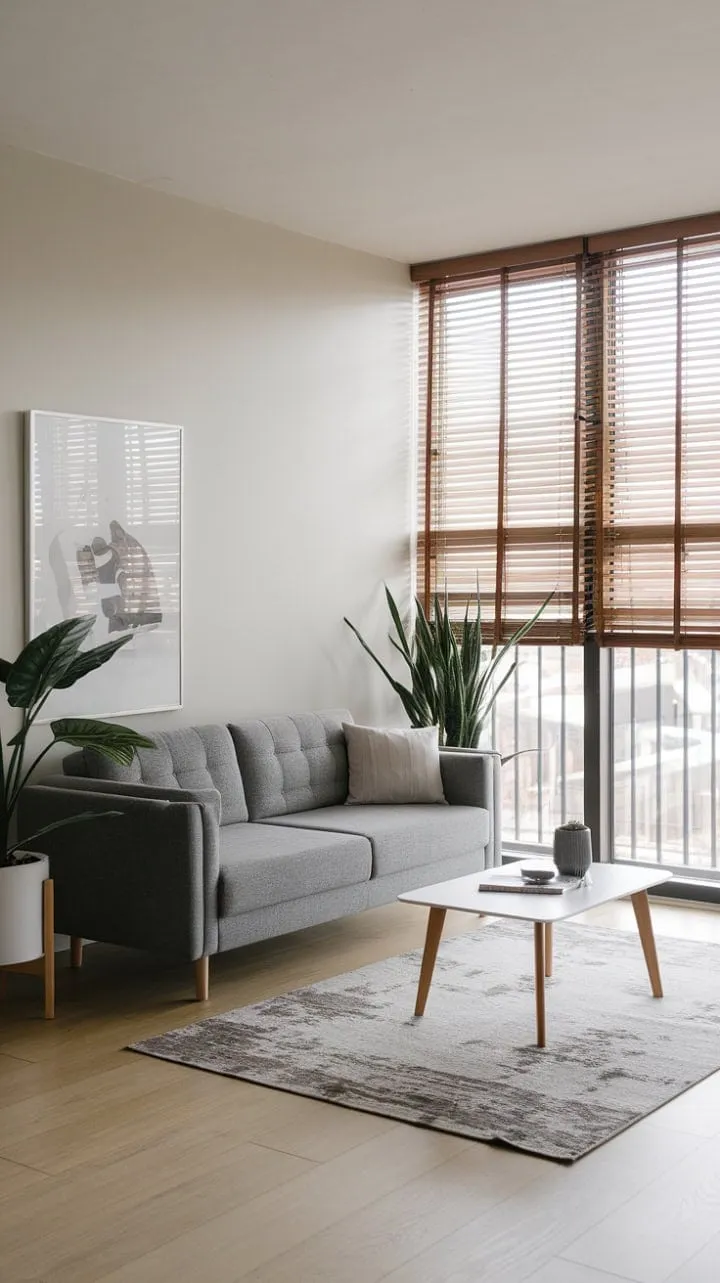 This minimalist living room exudes understated elegance, where a soothing neutral palette and vibrant greenery harmonize under the embrace of natural light.