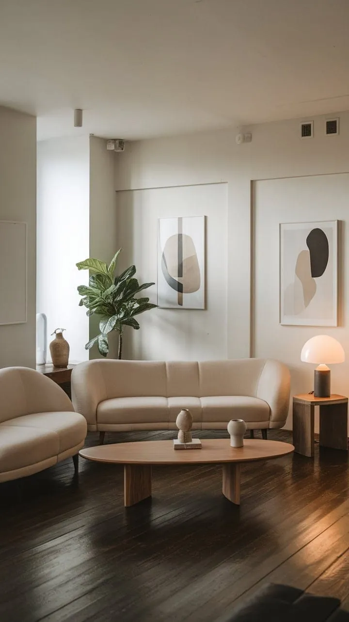 This modern living room blends understated sophistication with inviting warmth through neutral tones, clean lines, and thoughtfully curated accents.
