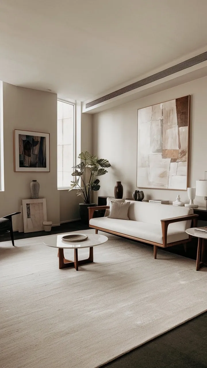 This airy apartment living room showcases the elegance of simplicity, where a white palette harmonizes with rich wooden textures and striking artwork to create a refined ambiance.